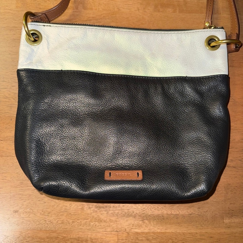 Fossil Black White Colorblock Pebbled Leather Crossbody Bag Brown Strap
